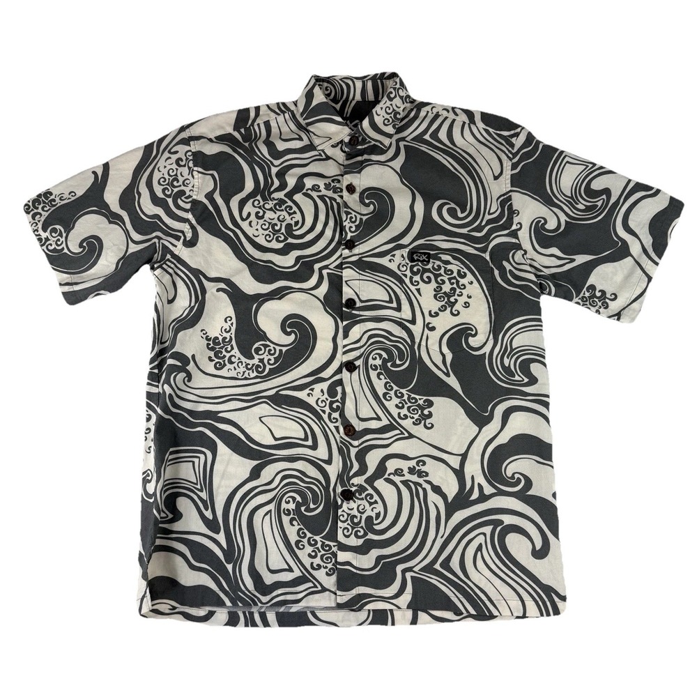 Rix‎ Wave Print Hawaiian Aloha Cotton Made In Hawaii Button Shirt Men's Medium